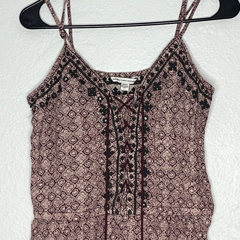 American‎ Eagle Outfitters Boho Romper Mauve Black Cotton Blend Medium - Picture 2 of 8